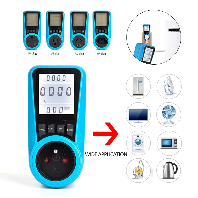 Интеллектуальный измеритель мощности переменного тока с вилкой EU US UK BR AU в ваттах