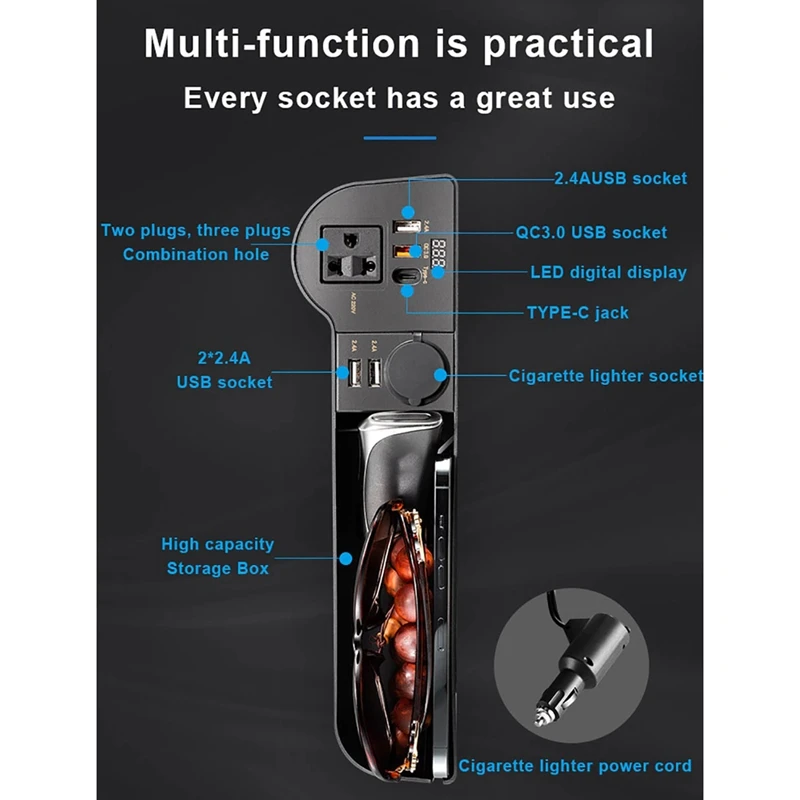 Продажа Органайзер для автомобильных сидений, 12 В до 220 В, боковой контейнер для хранения со светодиодный ным дисплеем напряжения и портами USB Type-C QC3.0
