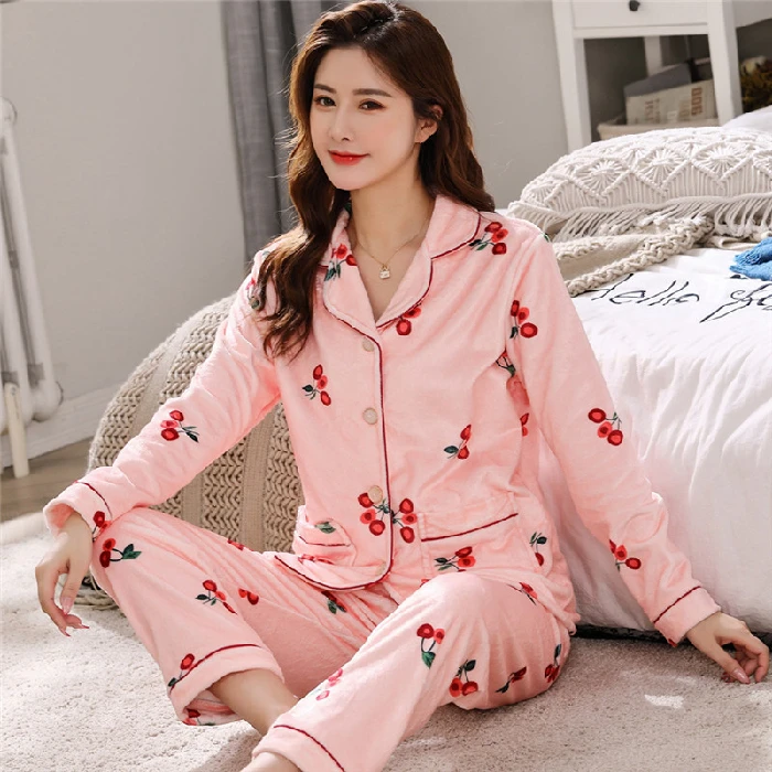 Осенне-зимняя Милая женская Фланелевая пижама с длинным рукавом свободный