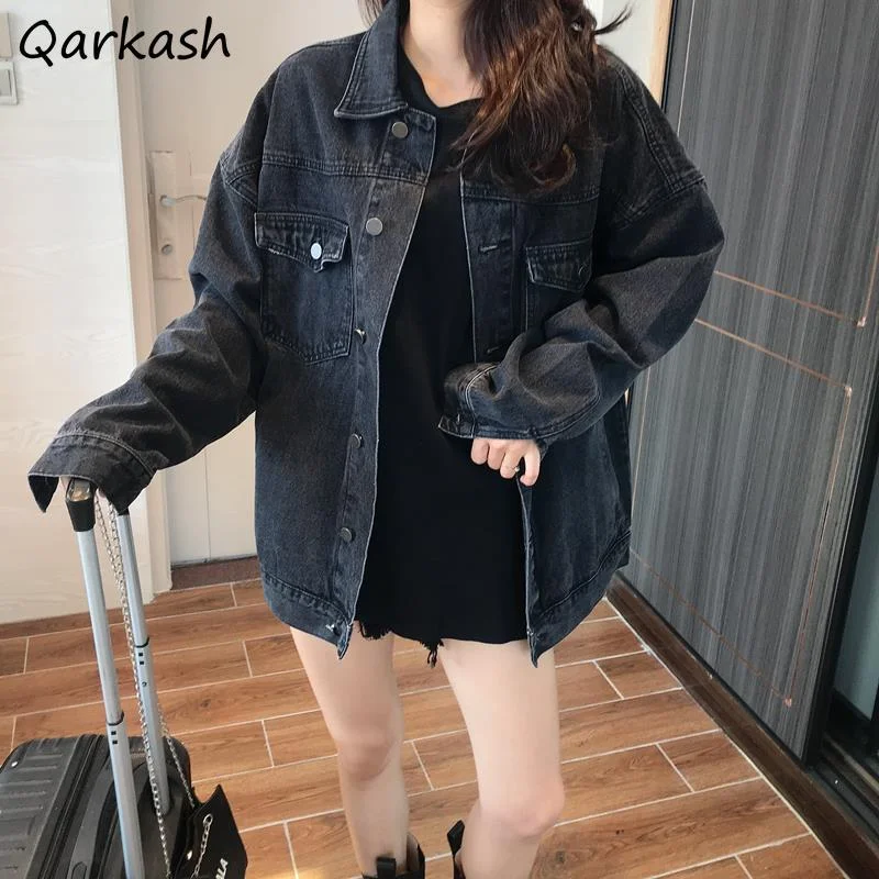 

Jackets Women Autumn Washed Ulzzang Retro College Unisex BF Baggy Street Outwear Ins Denim Fashion New Simple Vintage Solid Lady