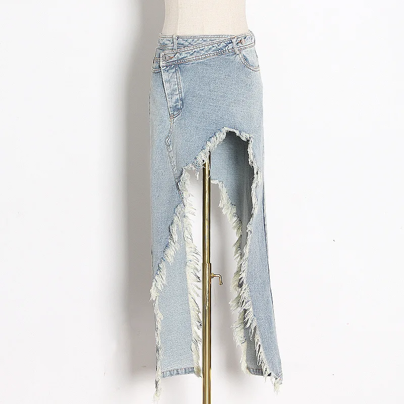

Women's Cowboy Skirt New Chic Tassel Denim Blue Fashion High Street Irregular High Waist Straight Women Skirt 2021 Summer Casual