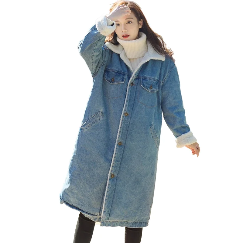Casual Thick Warm Blue Winter Coat For Women New Student Style Autumn Lamb Wool Long Jeans Denim Jackets Snow Basic Female Coat