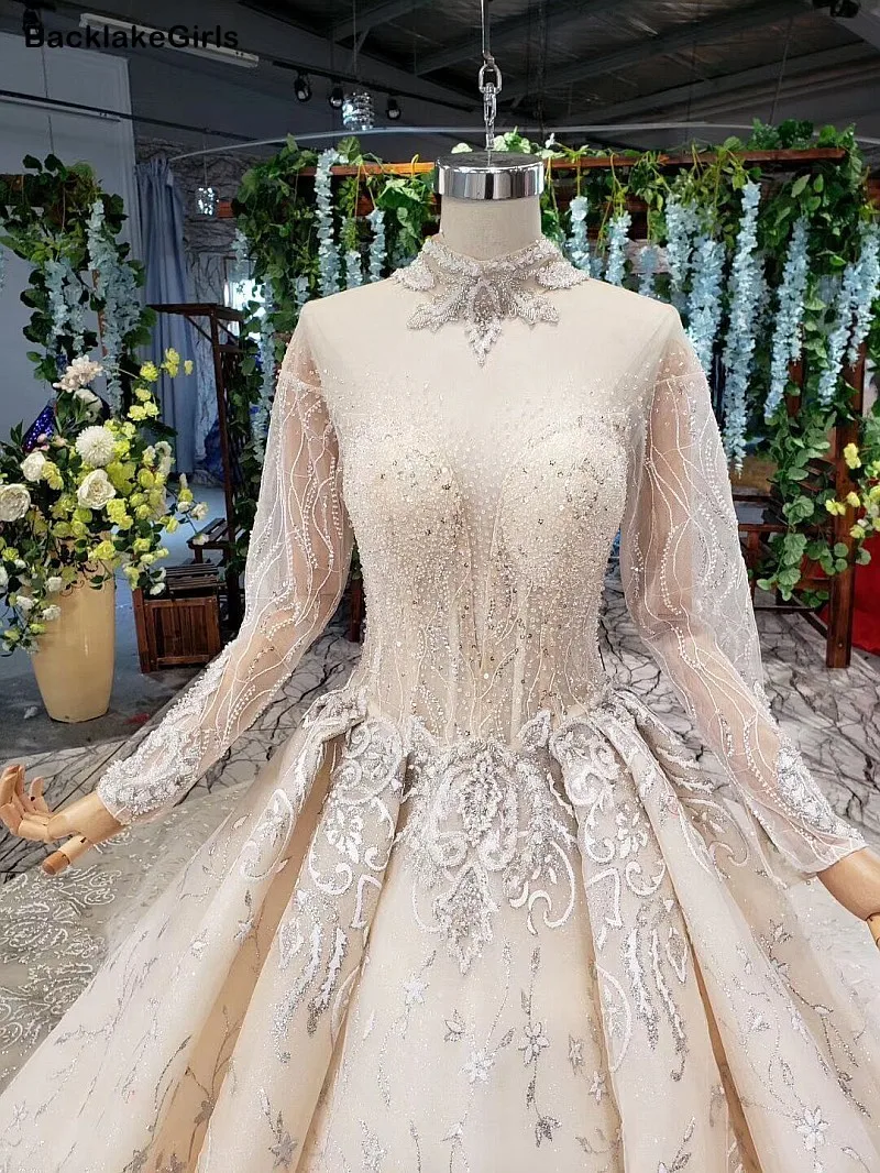 Sheer High Neck Applique Tulle Wedding Dress Sexy 2020 Illusion Backless Long Sleeve Princess Crystal Muslim Boho Gowns | Свадьбы и