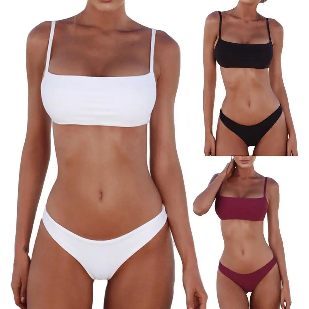 

80% Hot Sale Solid Color Sexy Women Strap Top Padded Bra High Waist Panties Bikini Swimwear Set for 2021 Summer