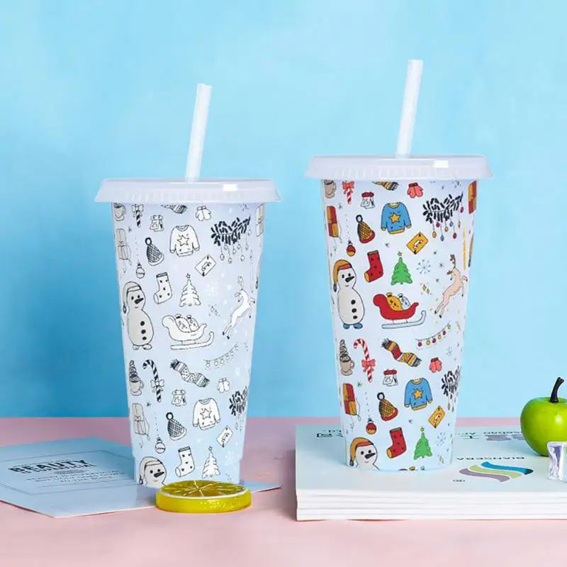 

5PCS Christmas Color Changing Coffee Cup With Lid Straw Reusable Straw Cup Plastic Tumbler Water Bottle Christmas Gifts 710ml