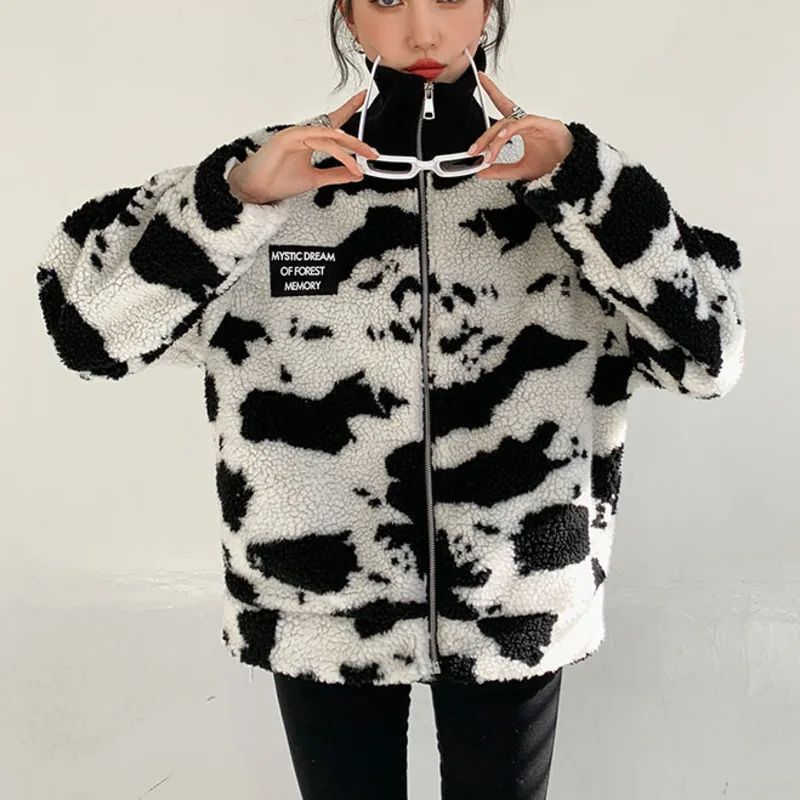 

XUXI Women Thick Zipper Sweater Long Sleeve Fashion Turtleneck Zip-up Coat Streetwear Korean Lambswool Cow Pattern Tops FZ3575
