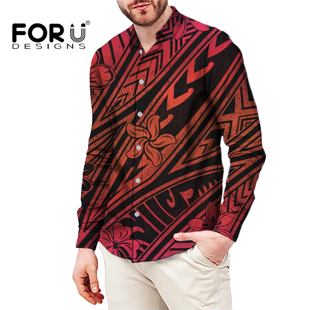 

FORUDESIGNS Polynesian Style Striped Shirt Long-Sleeve Red Stripe Shirts For Men High Quality Soft Fabric Long Sleeves Daily Top