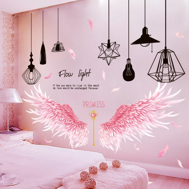 

[shijuekongjian] Chandelier Lights Wall Sticker DIY Feathers Wings Wall Decals for Living Room Kids Bedroom Home Decoration