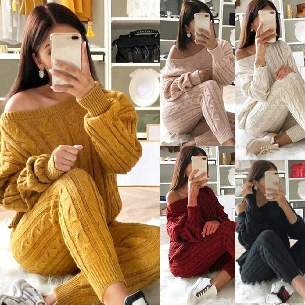 Осень зима 2019 свободный женский свитер комплект топы Женский Однотонный с
