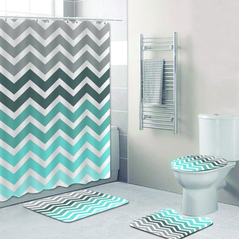 Bathroom Curtains Set Geometric Bath Mat Rug Carpet For Toilet Zigzag Decor
