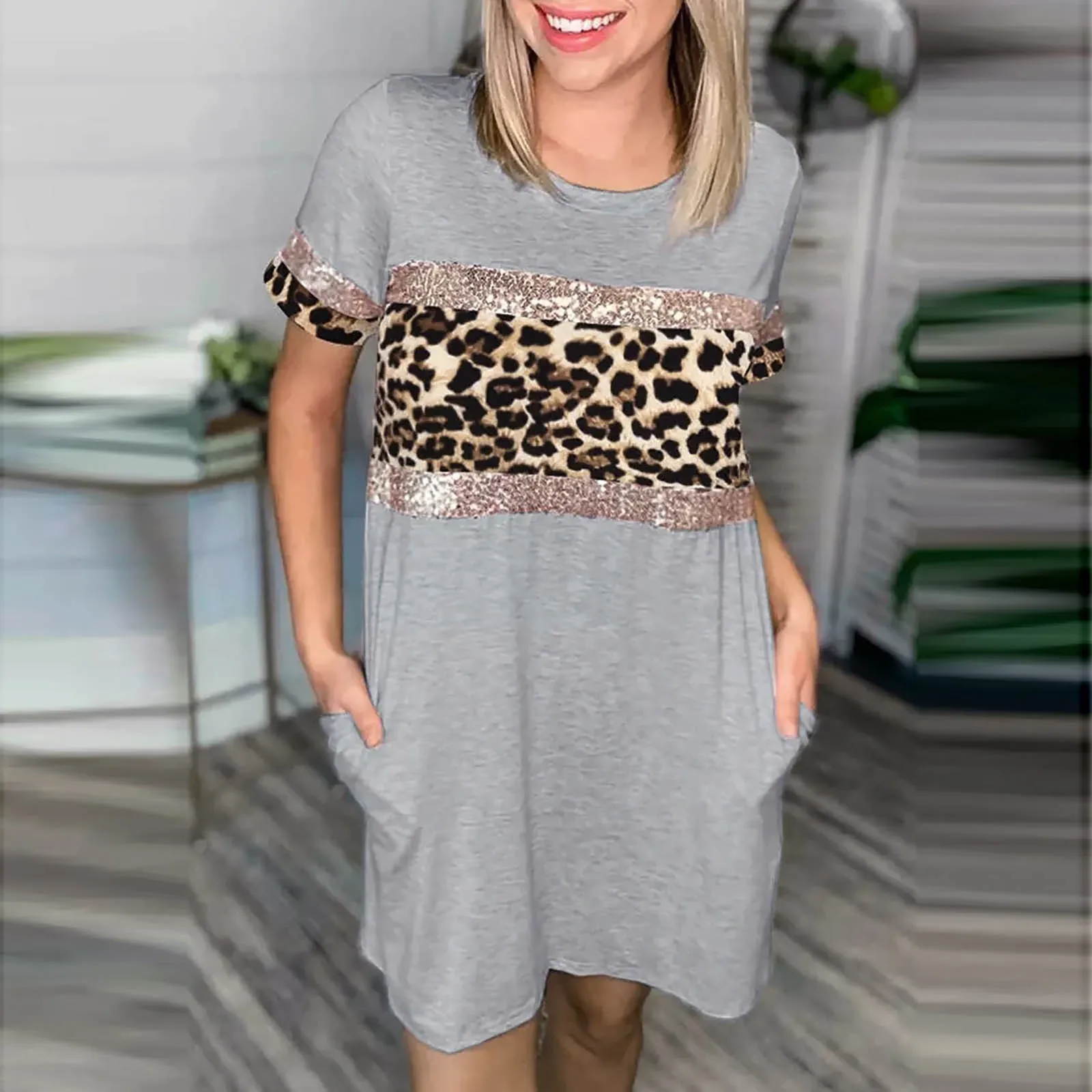 

Летнее платье для женщин с коротким рукавом с О-образным вырезом, мини-платье в обтяжку с карманами, повседневный вязаный свитер свободного ...