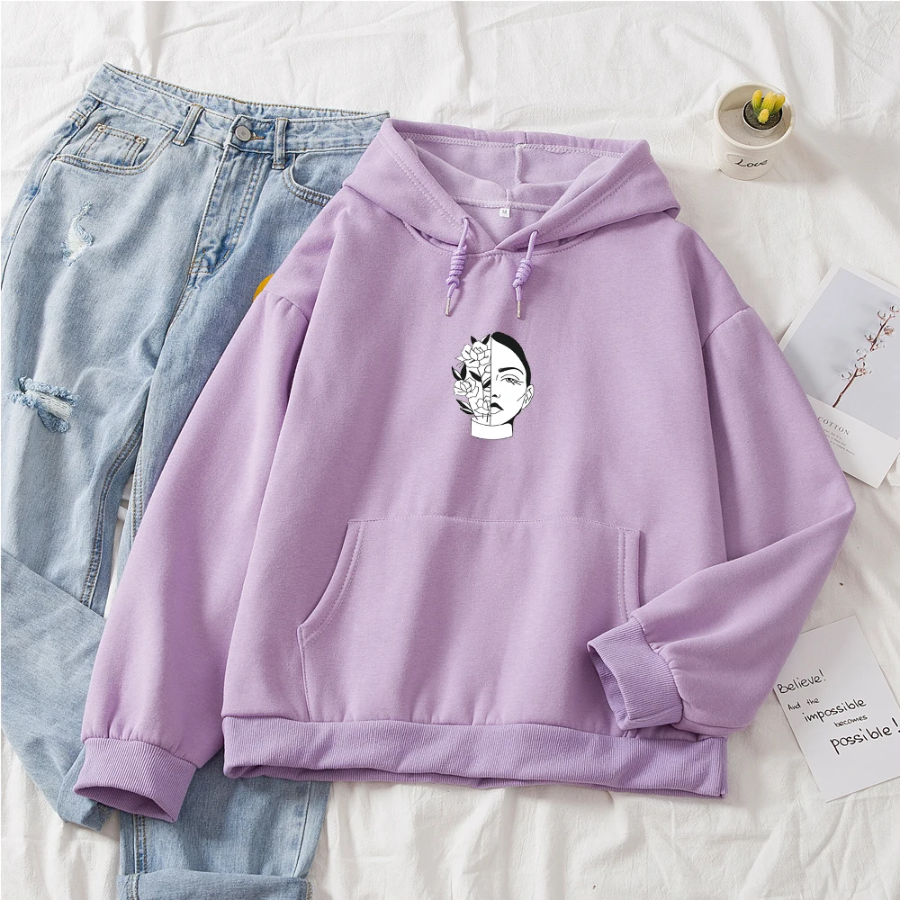 

Autumn Winter Coat Womens Cotton Fashion Creative Portrait Print Hoodie Warm Loose Streetwear Hoodies Oversized Kpop Sweatshirt