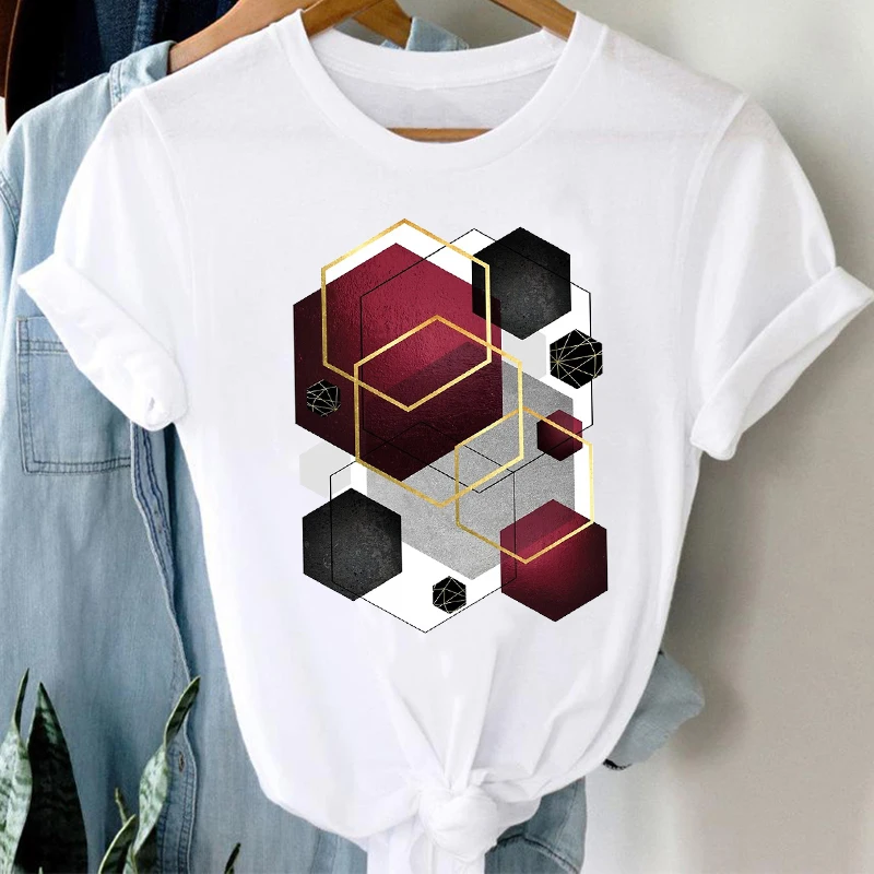 

T-shirt Women Casual Cute Office Geometric Print Kawaii Cute Fashion Clothes Stylish Tshirt Short Sleeve Top T Shirt Girl Tee