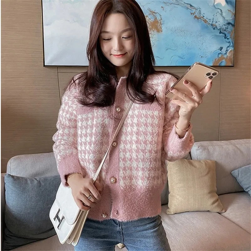 

Mohair sweet plaid Geometric pattern design buttons cardigan sweater