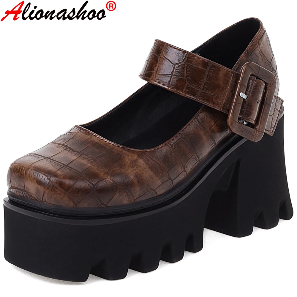 

Aliona Shoo/женские туфли-лодочки в готическом стиле; Обувь с ремешком на щиколотке на высоком массивном каблуке; Обувь на толстой резиновой подо...