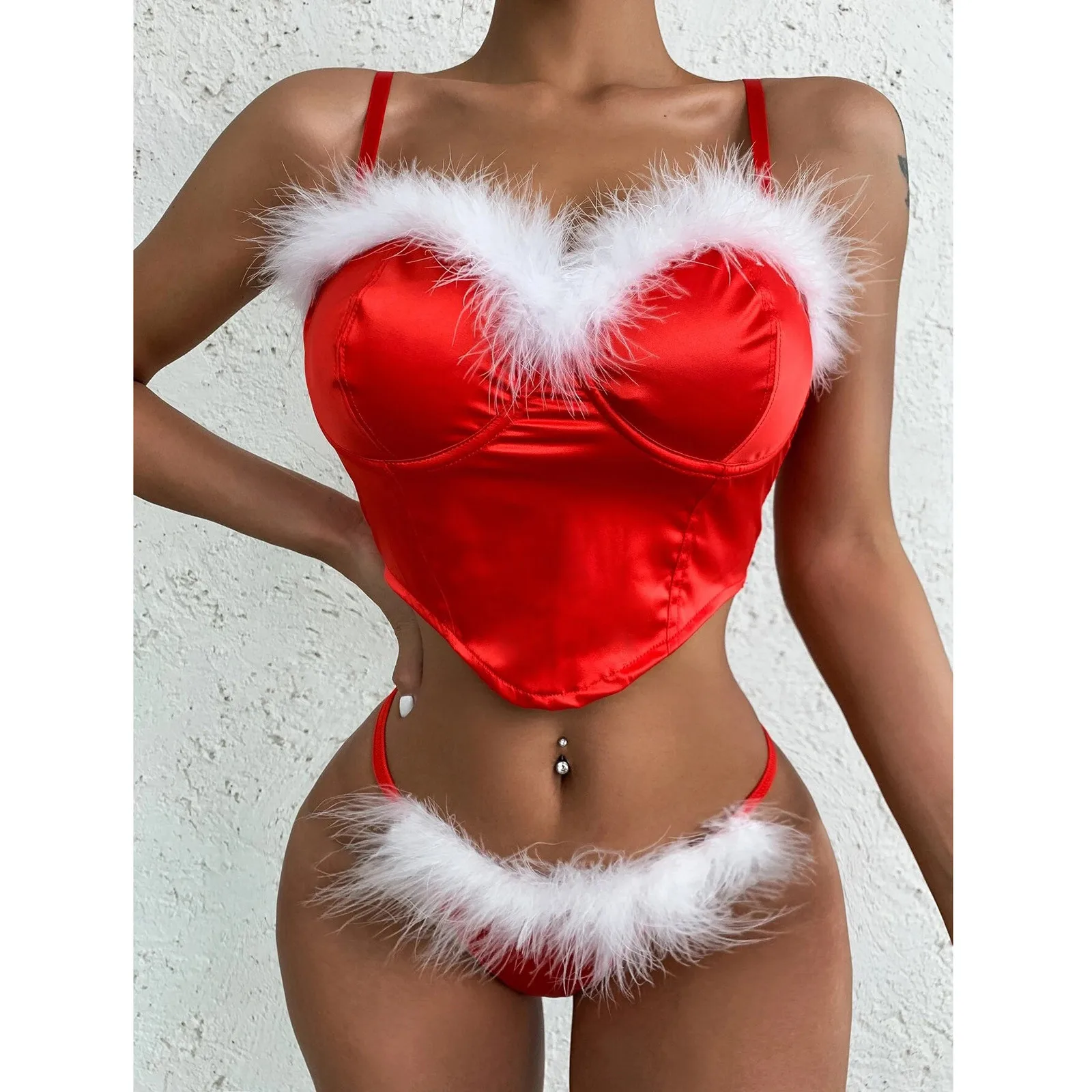 

Sexy Christmas Lingerie Set Woman Festival Red Plush Patchwork Bra Thong Set Female Nightgown Sleepwear Erotic Underwear#fs