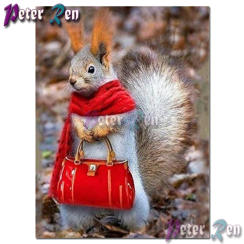 

5d animal Diamond Embroidery DIY Fun squirrel with red bag scarf Mosaic Cross stitch Rhinestone Square or round Handmade gifts