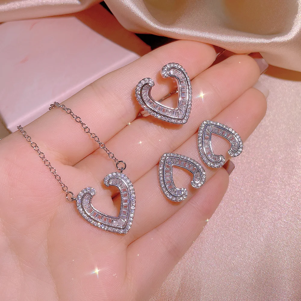 

QTT Luxury 925 Silver Heart CZ Women Wedding Sets Ring/Earring/Necklace High-quality Silver Color Love Jewelry Accessories