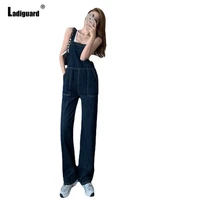 harajuku 2021 autumn fashion jeans demin jumpsuit stand pockets women dark blue denim bodysuits loose straight leg overalls