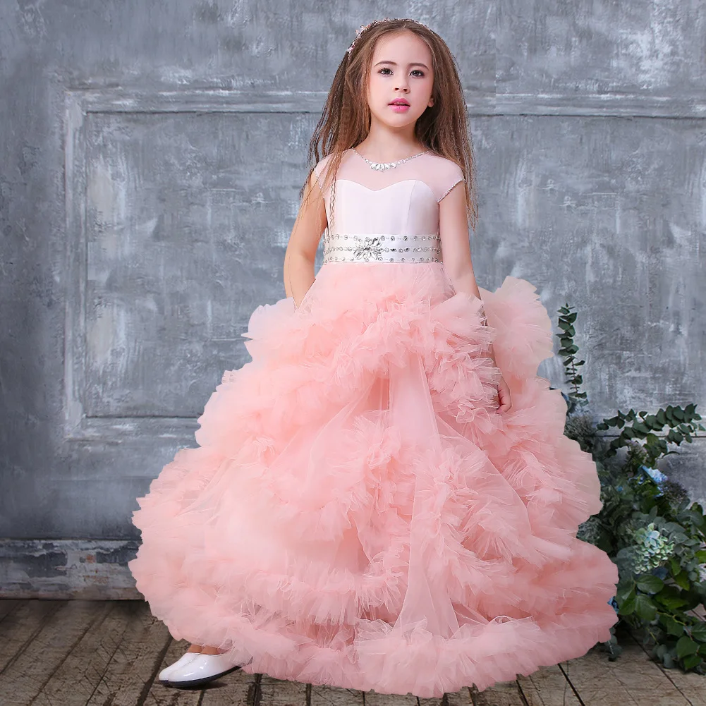 

Розовые цветочные платья для девочек на свадьбу бальное платье с рукавами-крылышками длинные платья из тюля с бусинами для первого причаст...