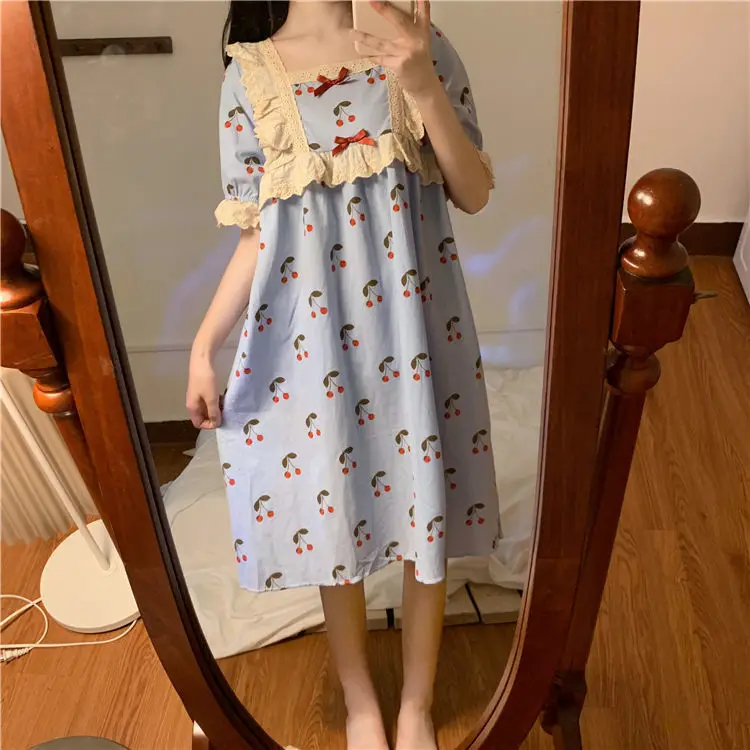 Long Ins Pajamas Women's Summer Short Sleeve Nightdress 2021 New Princess Wind Sweet Lovely Girl Home Dress Comfortable