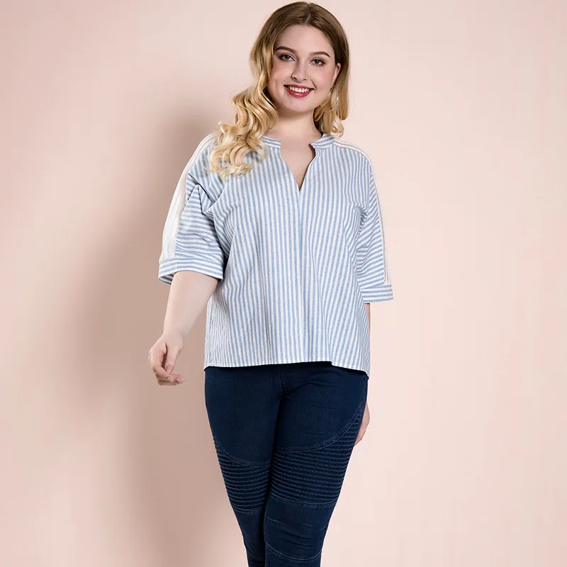 

Women's Large Size Shirt White Tops for Women Summer Half Sleeve Blue Striped Shirt V Neck Blouse Woman Novelty 2021 Blusa Mujer