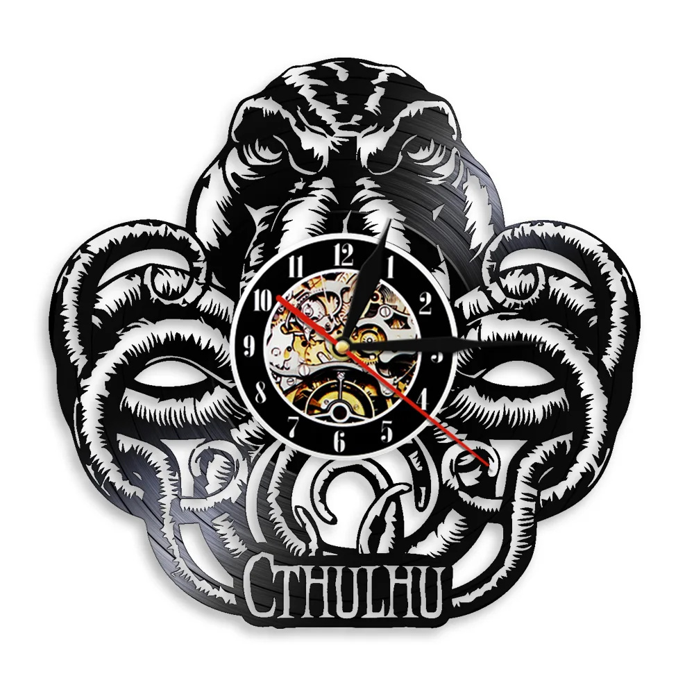 Spiral Cthulhu Vinyl Record Wall Clock Horror Home Decor Halloween Wall Art Mythological God Monster Kraken Octopus Silent Clock