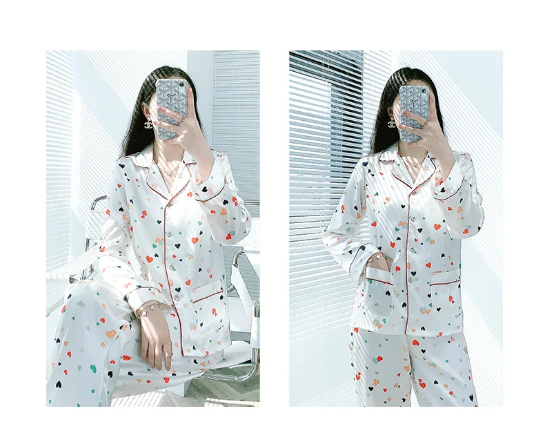 

New Pajamas Women's Ice Silk Thin Korean-Style Cardigan Home Casual Long-Sleeved Leisure Tops Two Piece Suit Homewear pijamas