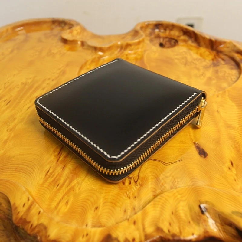 

Imported Hand-made Short Zipper Wallets Purses Women Men Clutch Vegetable Tanned Leather Thin Horseback Skin Card Holder