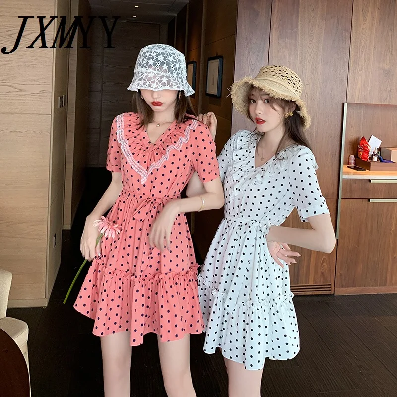 

2021 Summer New Fashion Women's Short-Sleeved Polka-Dot Skirt Korean Temperament All-Match Girlfriend Dress A-Line Skirt JXMYY