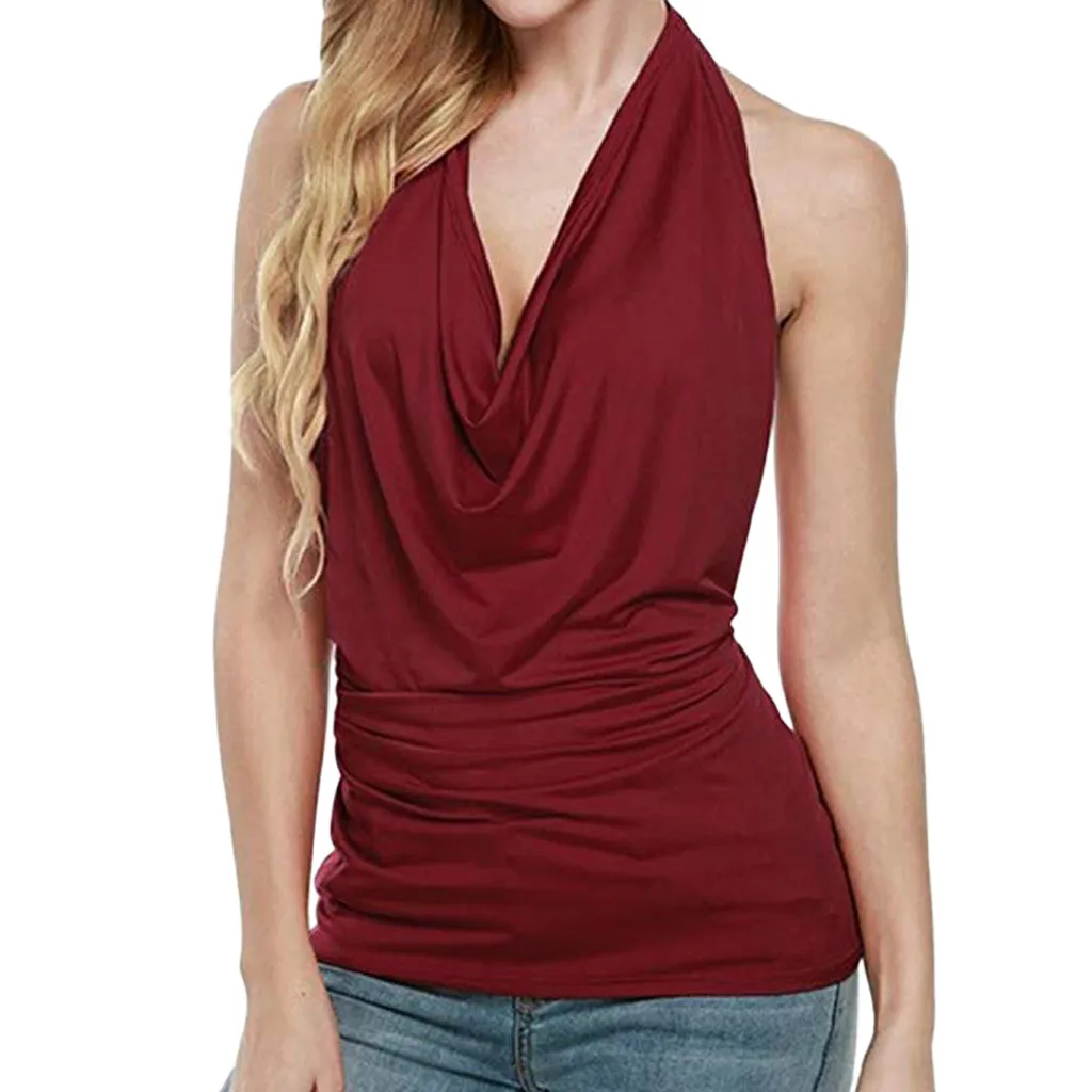 

2021 Newly Blouses Fashion Women Sexy Halter Drape Cowl Neck Tank Blouse Backless Sleeveless Vest Tops blusas femininas de verao