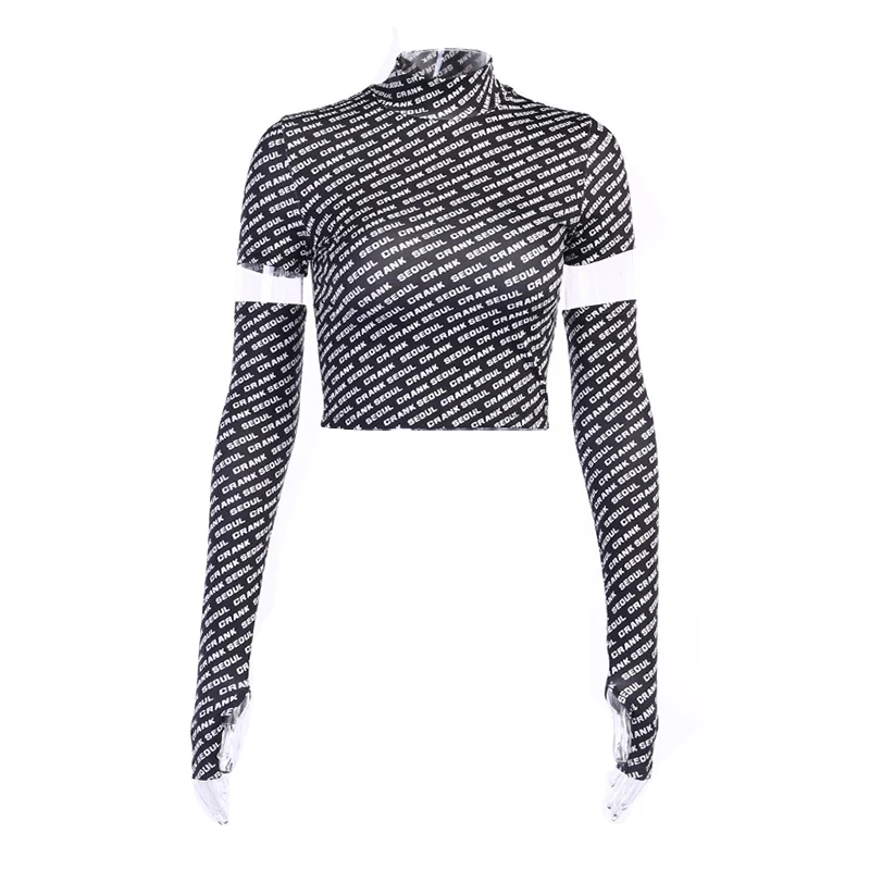 

Fanco Women Fashion Short Sleeve T- shirt Exposed Navel Letter Round Neck Plus Sleeve Thumb Cuff Spring and Summer Female Top