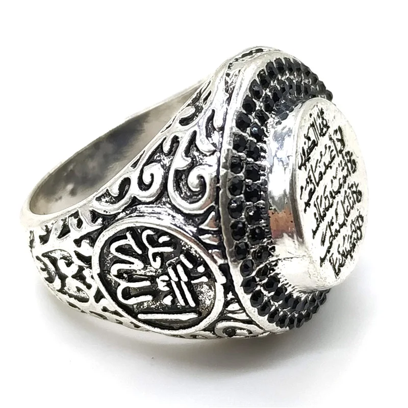 

WZFSSP Alloy Vintage Scripture Rings For Men Trendy With Black Diamonds Exaggerated Retro Titan Jewelry Punk Soul Accessory Gift