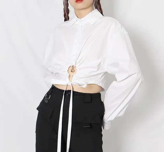 

Cultiseed Women Sexy Metal Wrap Hollow Out Waist White Shirts Blouses Tops Ladies New Long Sleeve Short Shirts Female Party Top