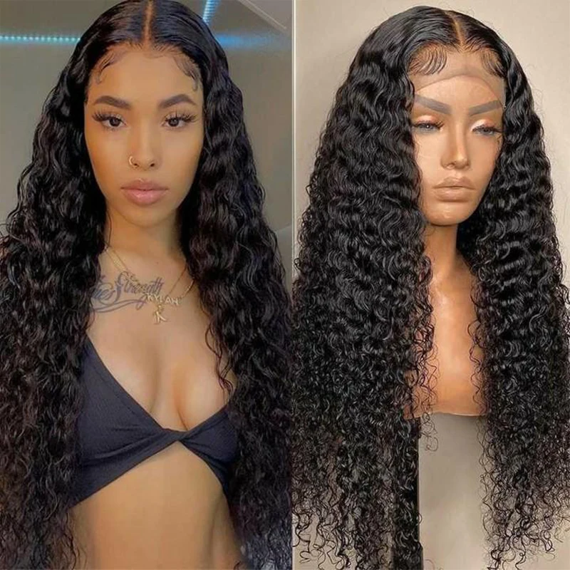 

Long Curly Synthetic Lace Front Wigs Baby Hair Heat Resistant Fiber Black Water Wave High Density Daily Wigs