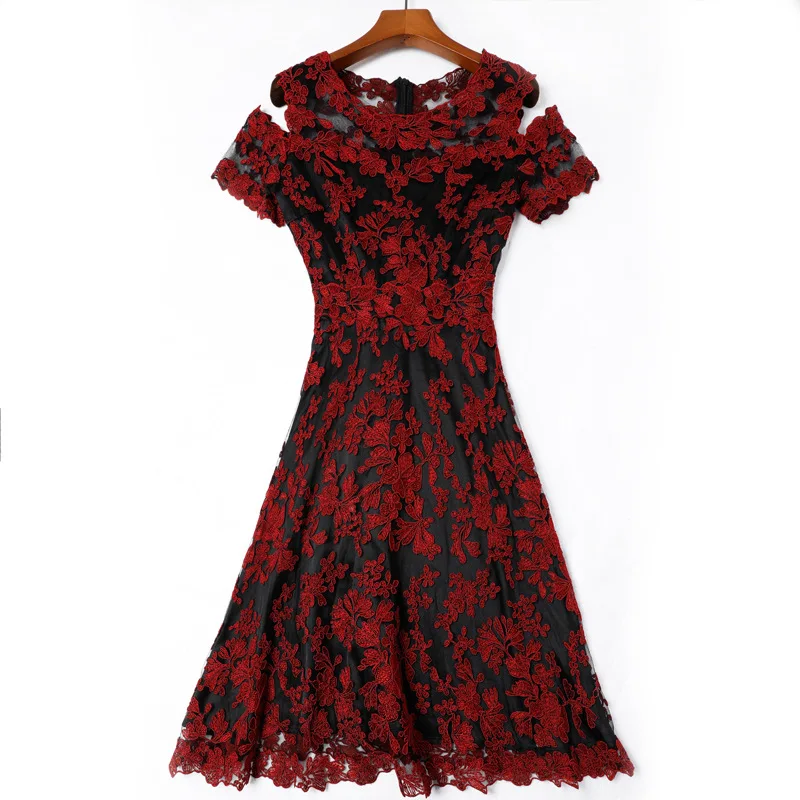 

& Slim Fit Flare Dress 2021 Spring Summer Party Yellow Wine Red Dress Women Sexy Off Shoulder Tulle Mesh Embroidery Dress XXXL