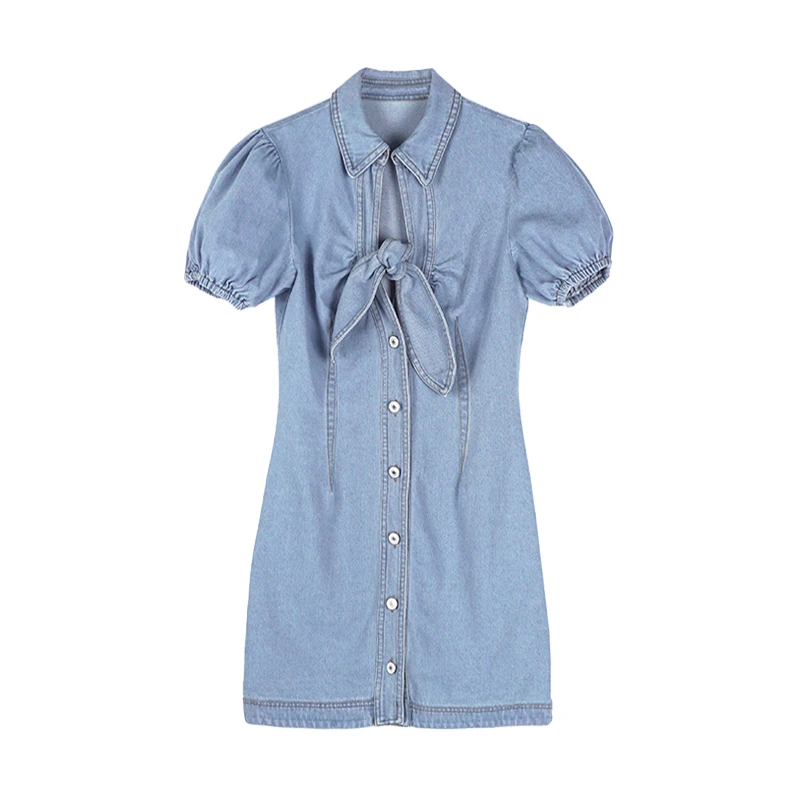 

Bow Tie Denim Elegant Puff Short Sleeve Bodycon Jeans Sexy Night Club Party Street Wear Women Summer Casual Dress