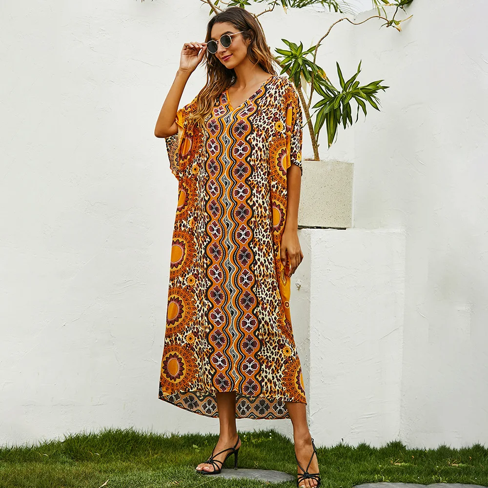 

Women Long Dress Print National Muslim Style Eid Ramadan Loose Casual V Neck Duabi Mid East Islan Abayas Caftan Robe Femme 2021