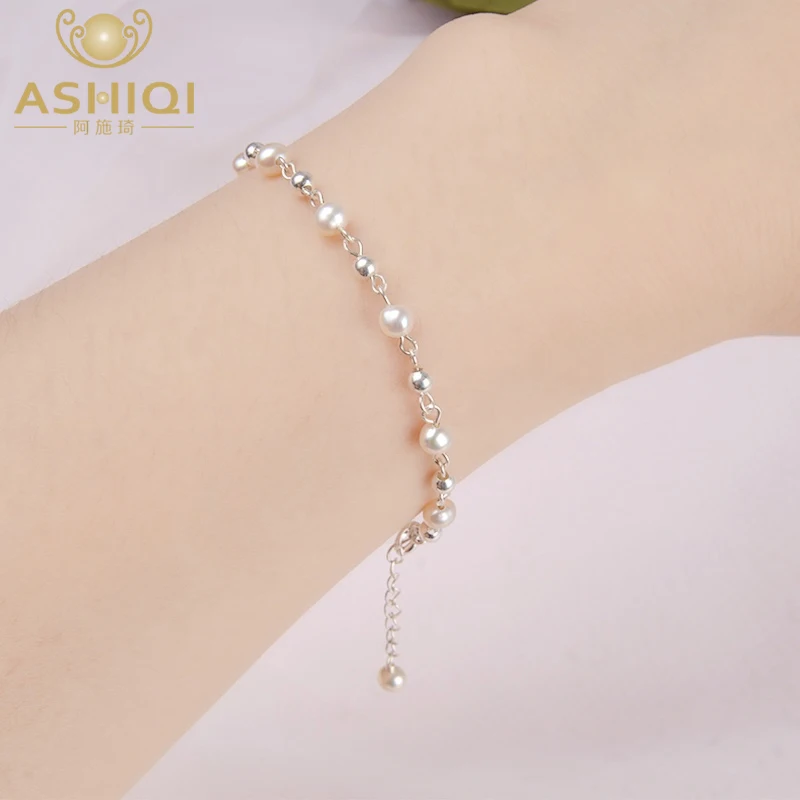 

ASHIQI Natural Freshwater pearl bracelet 925 sterling silver bead jewelery for women