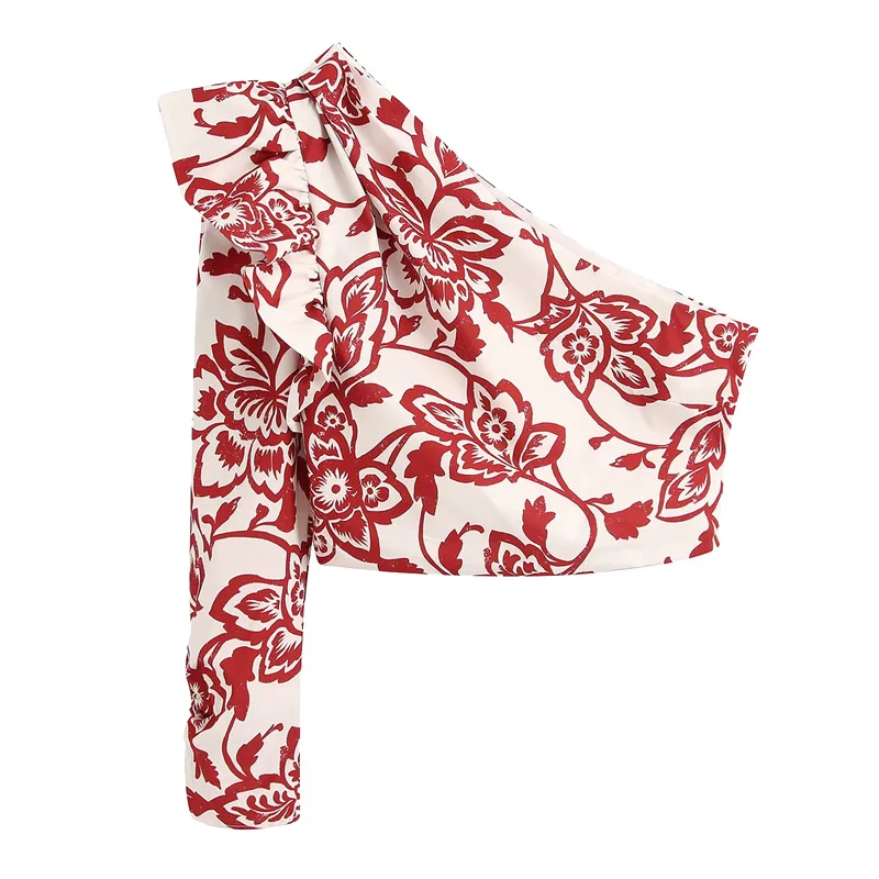 Женская блузка с оборками винтажная асимметричным вырезом и одним рукавом