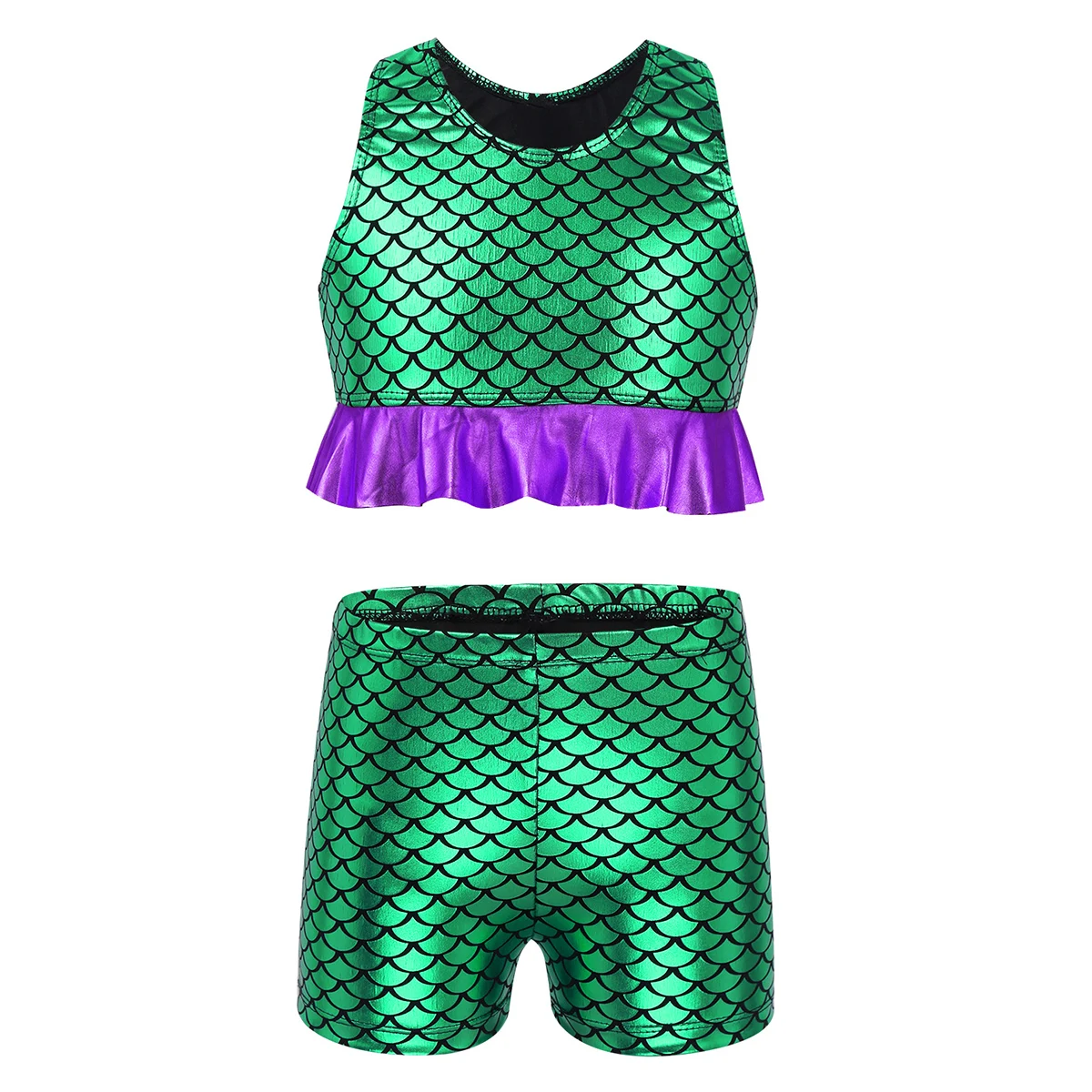Fish Scales Printed Kids Girls Clothes Set Cute Peplum Crop Tank Top with Shorts Children Dance Gymnastics Cheerleading Outfits