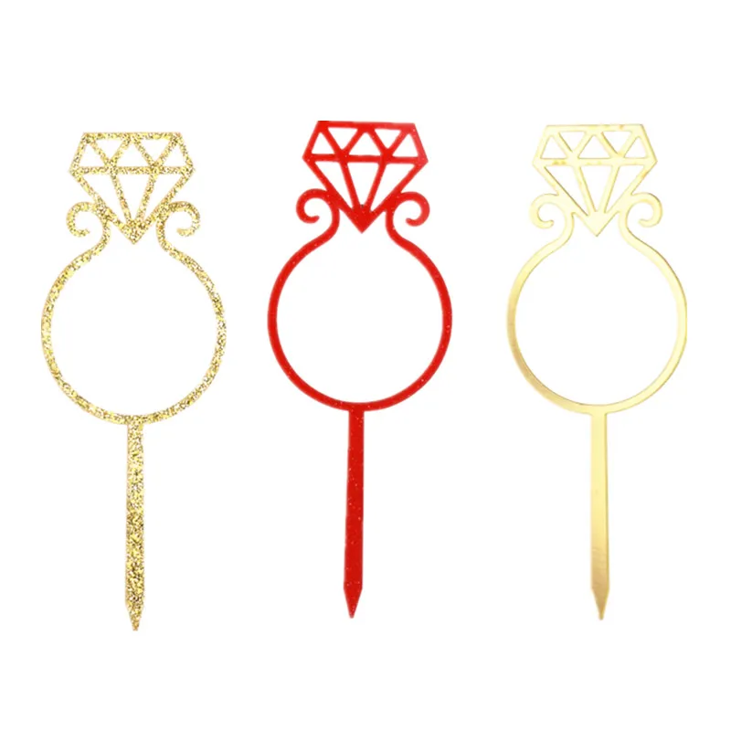1pc Diamond Ring Bowtie Love Heart Cake Flag Topper Gold Red Acrylic Flags For Wedding Anniversary Party Baking Decor - купить по