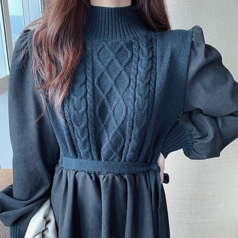 

High Quality New Spring Korean Sweater Dress For Women Patchwork Knitted Vestidos Lace Up Slim Big Swing Robe Elegant Long Dress