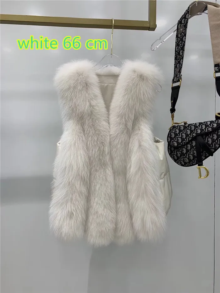 white 66cm Женский жилет из натурального Лисьего меха с наполнителем из белого утиного пуха - Цвет: white 66cm