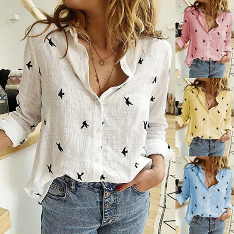 

Spring Womens Leisure Shirts Casual Long Sleeve Birds Print Loose Blouses Oversized Streetwear Tunic Tops Autumn Mujer De Moda