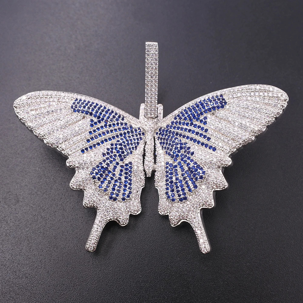 Iced Out большая Серебряная Бабочка Шарм Подвески микро проложить кубический циркон для мужчин из нержавеющей стали Веревка ожерелье хип-хоп рэпер wo мужчин