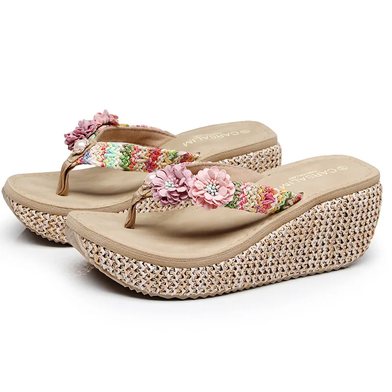 

Outdoor High Heels Non-slip Comfortable Beach Shoe Flowers Flip-flops Womens Slippers Summer Sandals Wedged