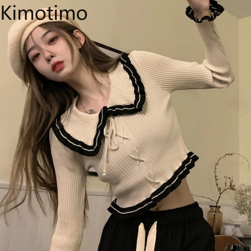 

Kimotimo Sweet Design Knit Pullover Women 2021 Autumn Winter Fungus Lace-up Peter Pan Collar Sweater Korean Chic Slim Crop Top