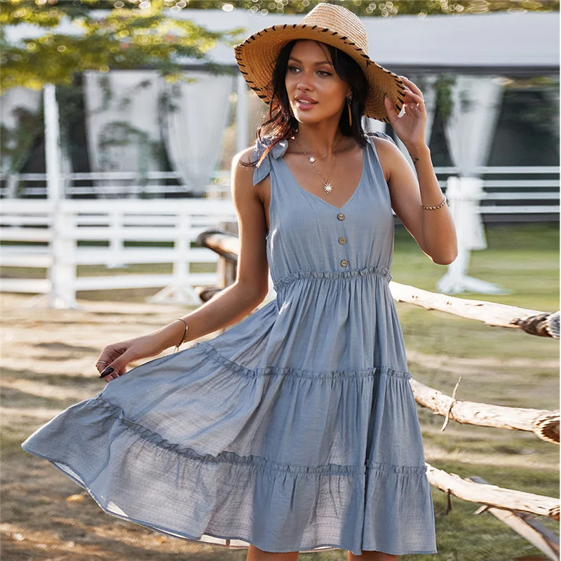 

Women Dress Summer Solid Simple V-Neck Sexy Spaghetti Strap Midi Dress A-Line Casual Holiday Beach Dress Plus Size Vestido 2021