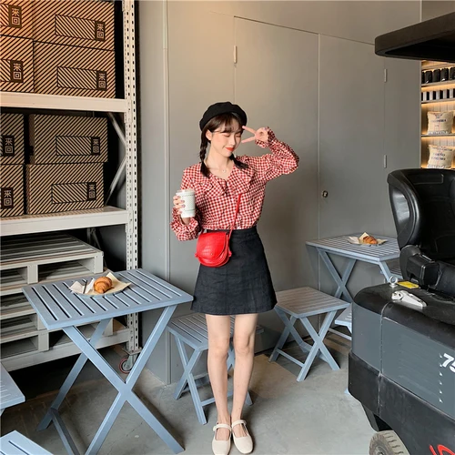 Простой красный белый клетчатый топ с оборками длинными рукавами Универсальная